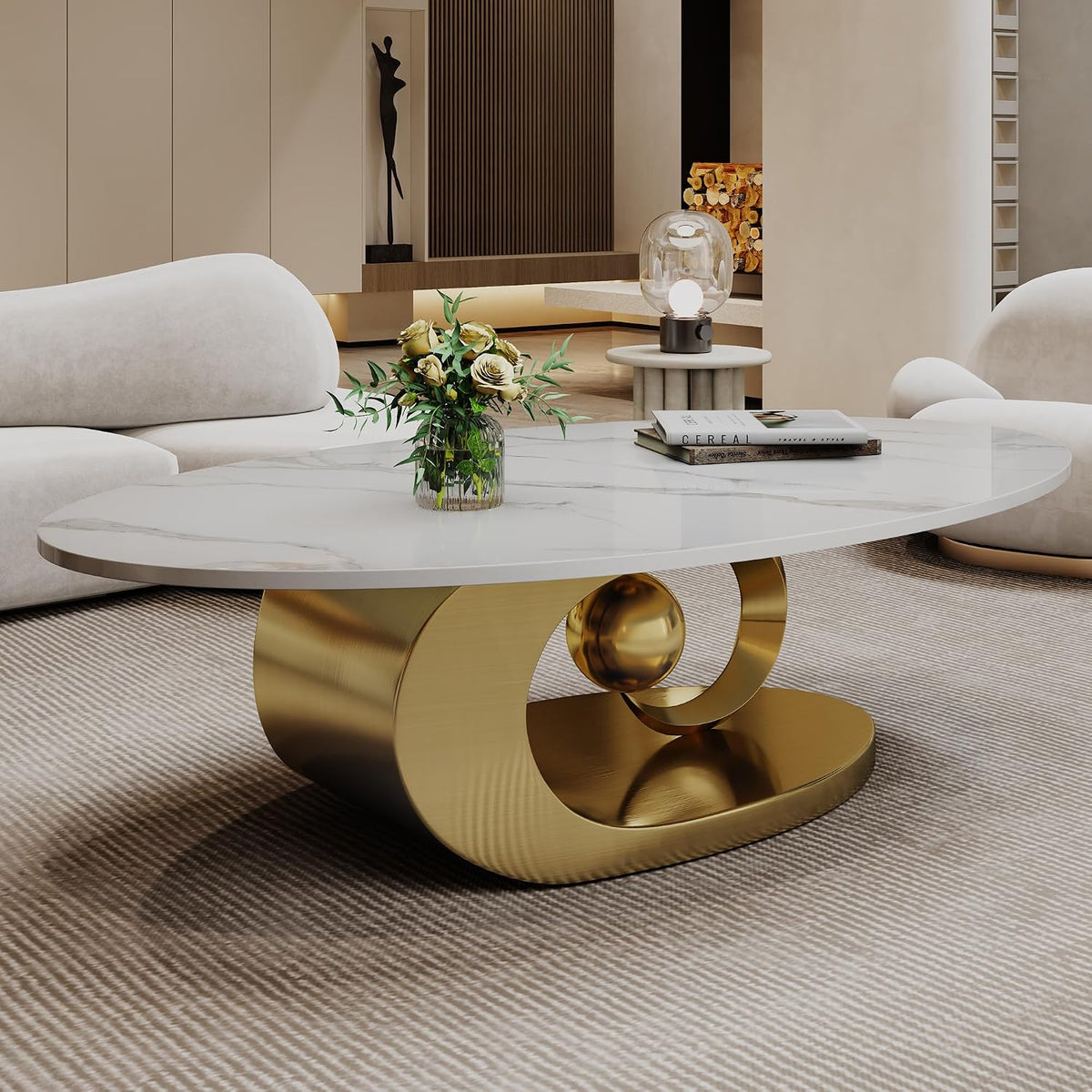 49.2' Oval Coffee Table, Modern Faux Marble Coffee Tables with Sculptural Sintered Stone Tabletop, Large Unique Tea Table with Stainless Steel Base for Living Room, Office, Bedroom, Gold+White