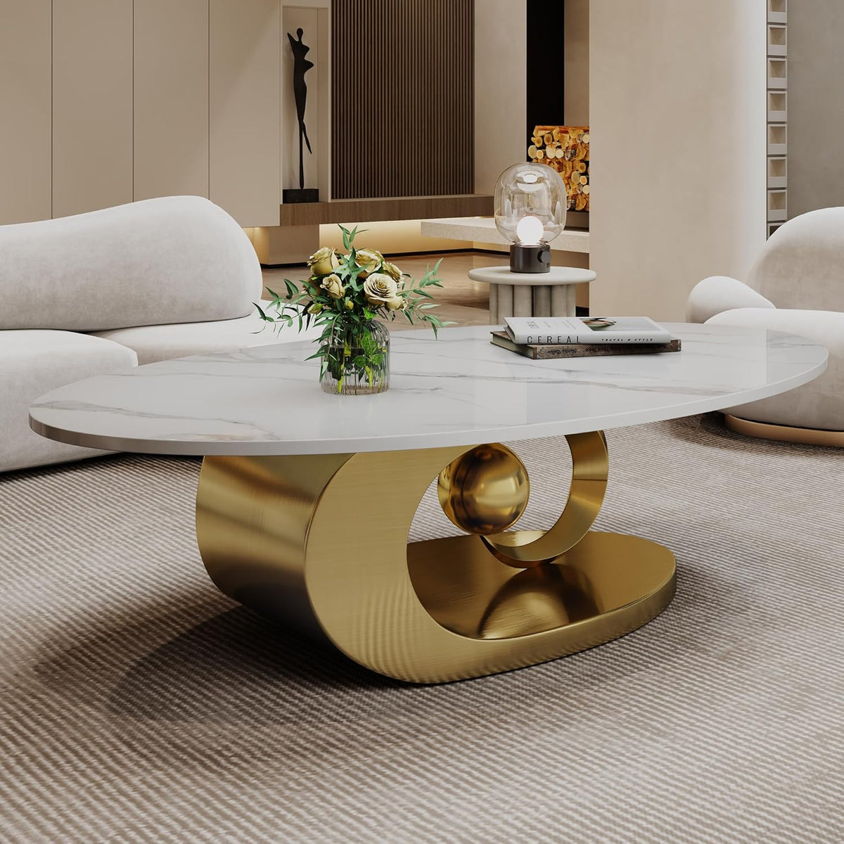 Coffee Table with Marble Grain Top, Modern Oval Coffee Table for Living Room,Faux Marble Center Tea Table with Golden/Chrome Pedestal for Apartment, Office, Easy Assembly