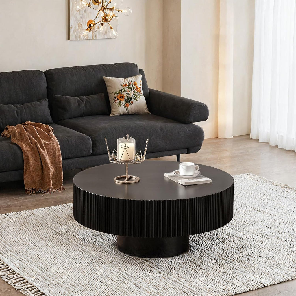 Modern Round Coffee Table for Living Room Drum Round Fluted Coffee Table Circular Pedestal Center Table for Office Patio (Black Thick)