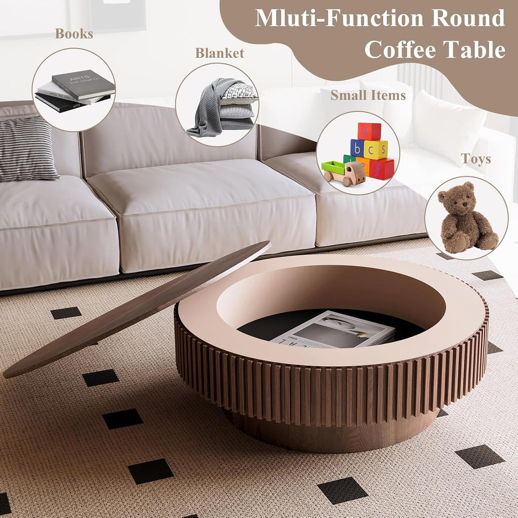 39.37' Round Wood Coffee Table,Modern Coffee Table with Storage for Living Room,Solid Wood Drum Coffee Table Circle Fluted Coffee Table Accent Side Table for Apartment,Office, Easy Assembly,Walnut