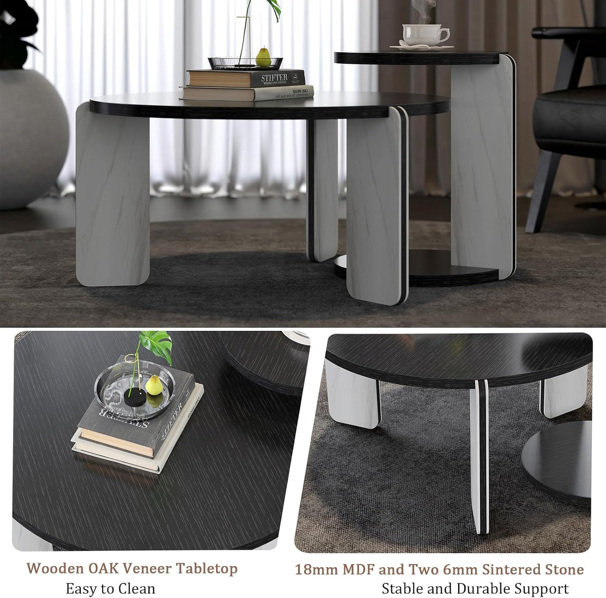 Modern Nesting Coffee Table Set of 2, 2-Piece Modern 32.68' & 16.93' Round Living Table Set with Black Oak Veneer Surface 25mm MDF and White+Black Sintered Stone Legs for Living Room