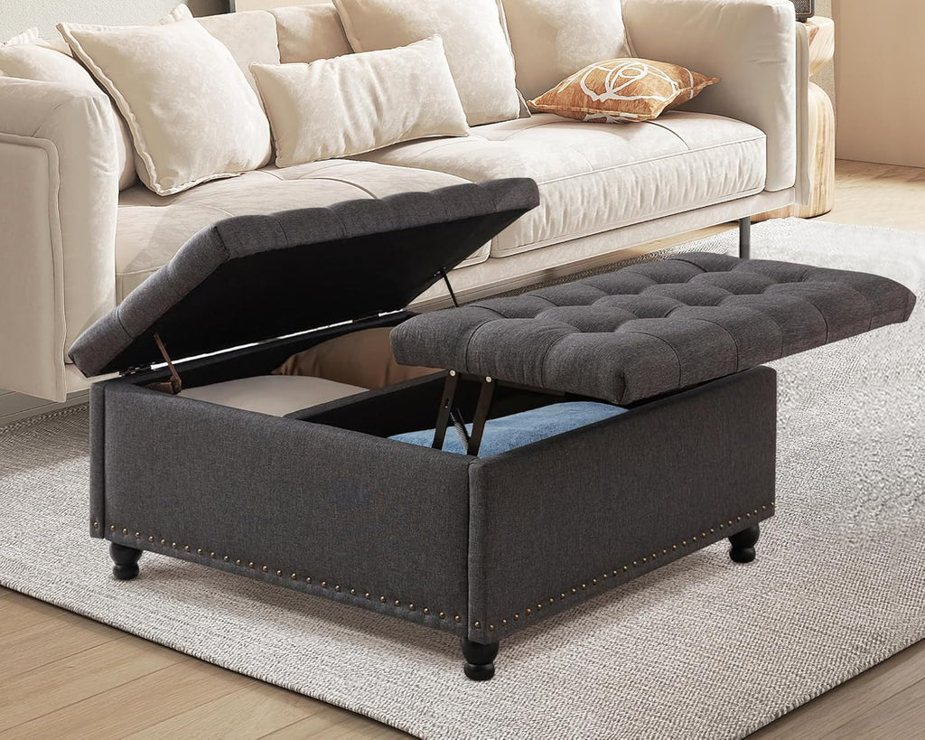 36' Large Square Ottoman with Storage, Tufted Upholstered Storage Ottoman with Lift Top & Solid Legs for Bedroom Room, Extra Large Coffee Tables Bench for Living Room as Footstool (Grey)