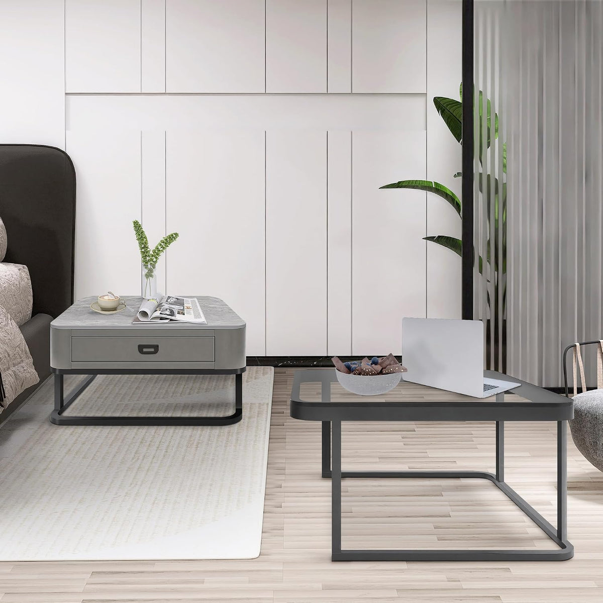 Square Coffee Table Set of 2, Nesting Table End Table, Modern Side Table for Living Room, Office, Bedroom, Grey