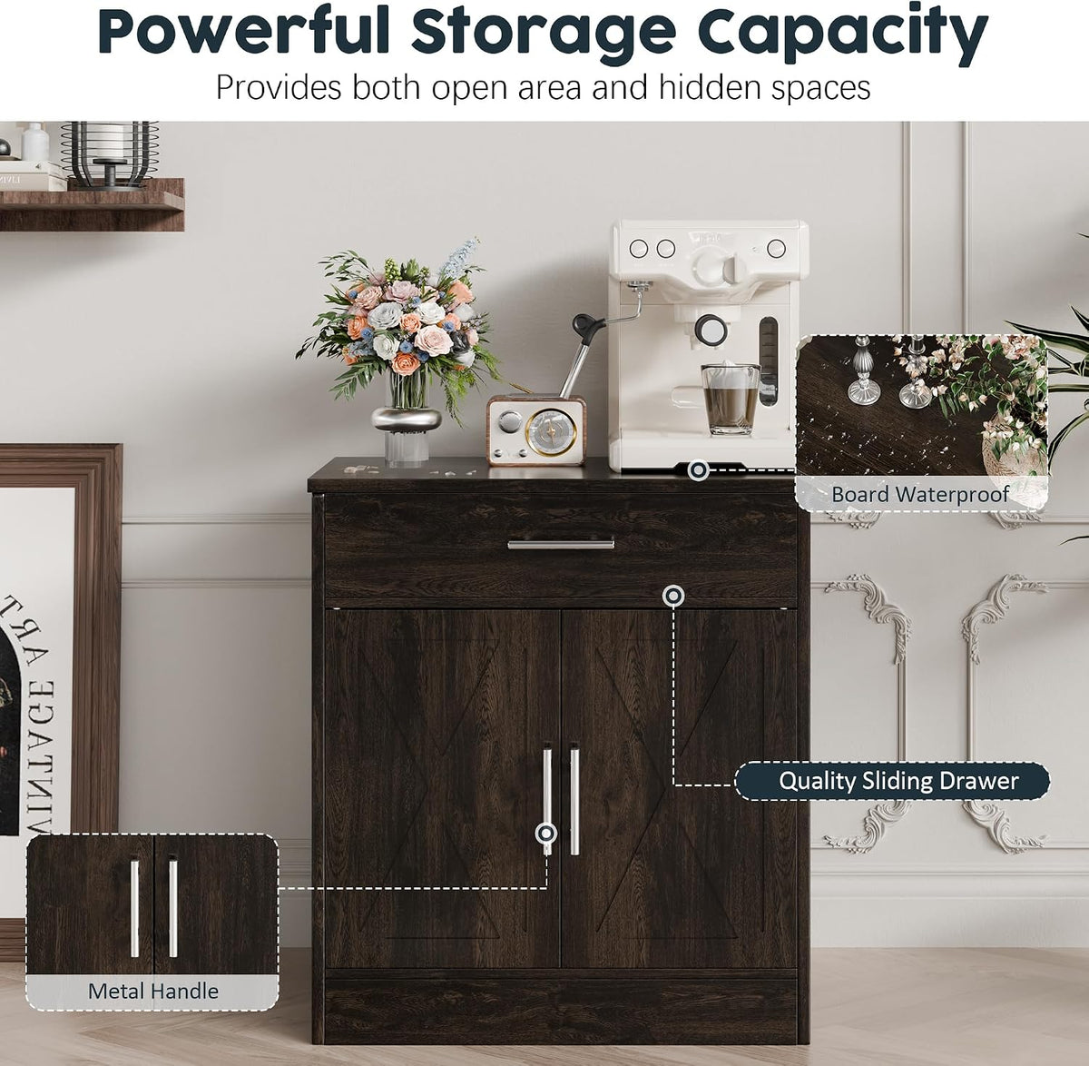 SUNLEI Kitchen Buffet Sideboard Cabinet, Wooden Storage Cabinet with 2 Doors and 1 Drawers, Adjustable Shelf, Modern Farmhouse Coffee Bar Cabinet with Storage for Kitchen, Rustic Brown