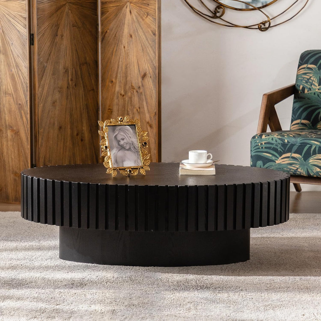 Black Oval Fluted Coffee Table for Living Room with Handcrafted Relief Wood Drum Coffee Table for Office Outdoor (43' Oval Black)