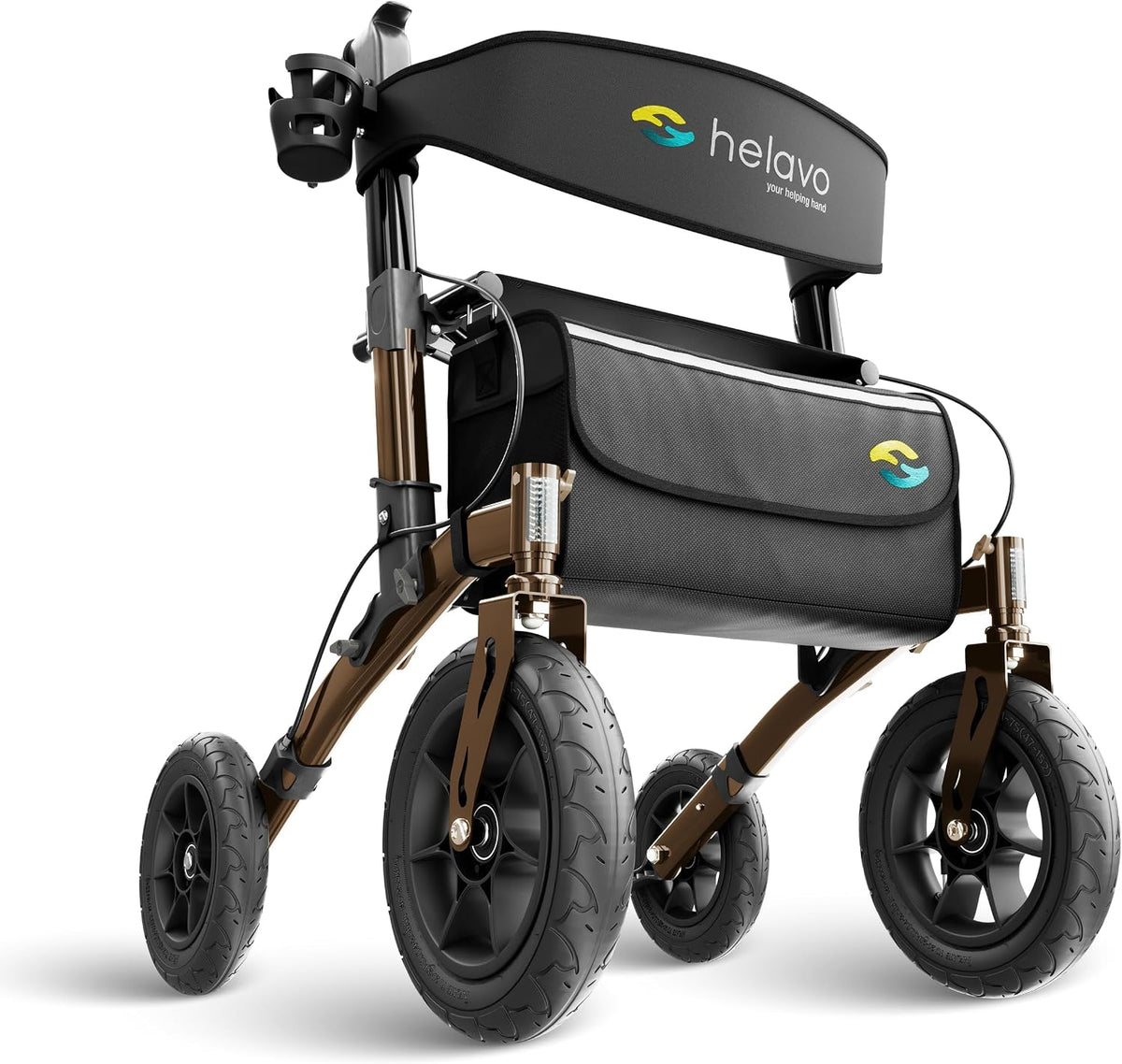 Helavo All Terrain Walker with Puncture-Proof, Flat-Free Solid Rubber Tires, 12' Wheels - Foldable Outdoor Walker for Seniors with Seat, Ergonomic Handles and Extra Padded Backrest