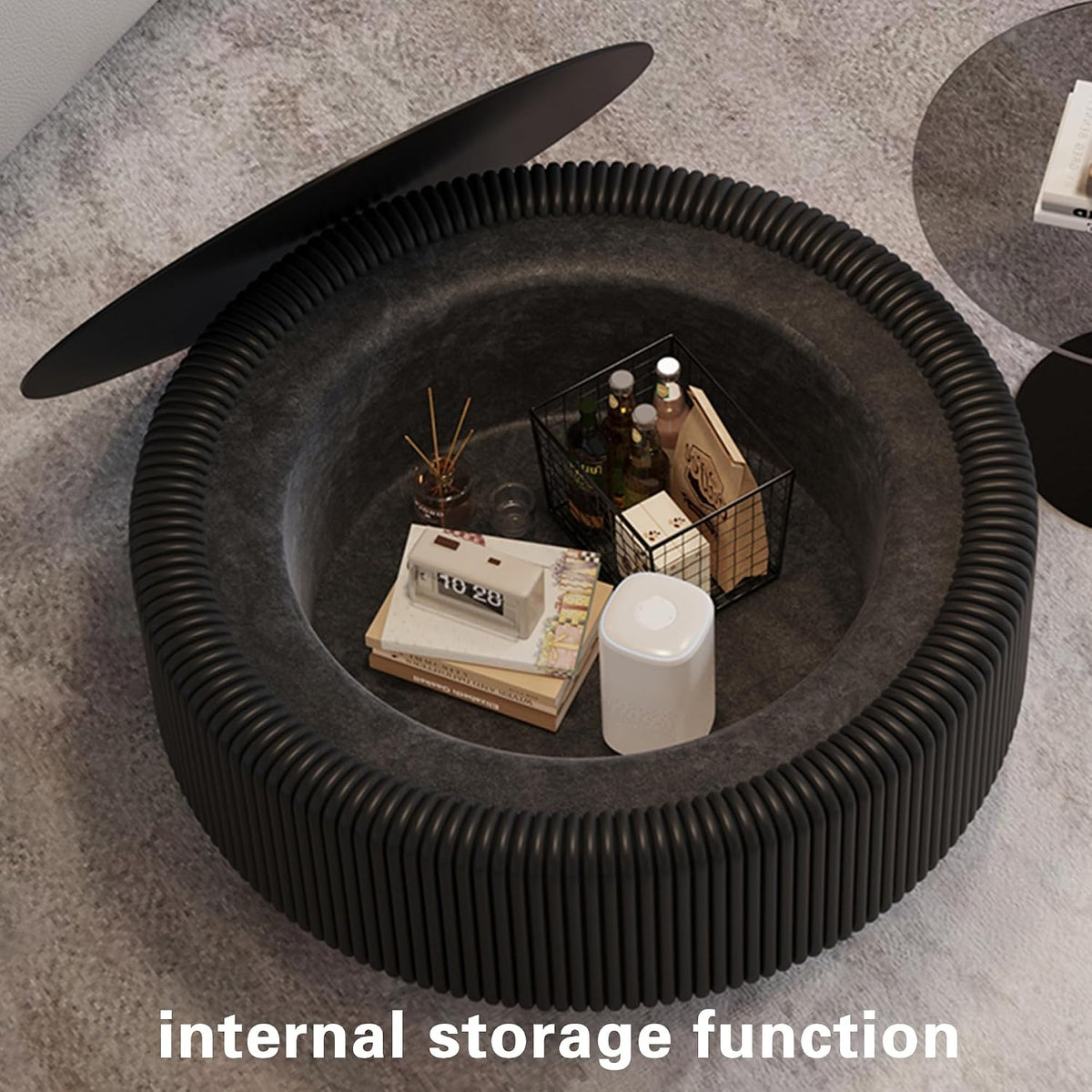 31.5' Black Round Coffee Table, Modern Fluted Drum Center Table with Hidden Storage & Tempered Glass Top & PU Leather Body, Minimalist Circle Glass Coffee Tea Tables for Living Room