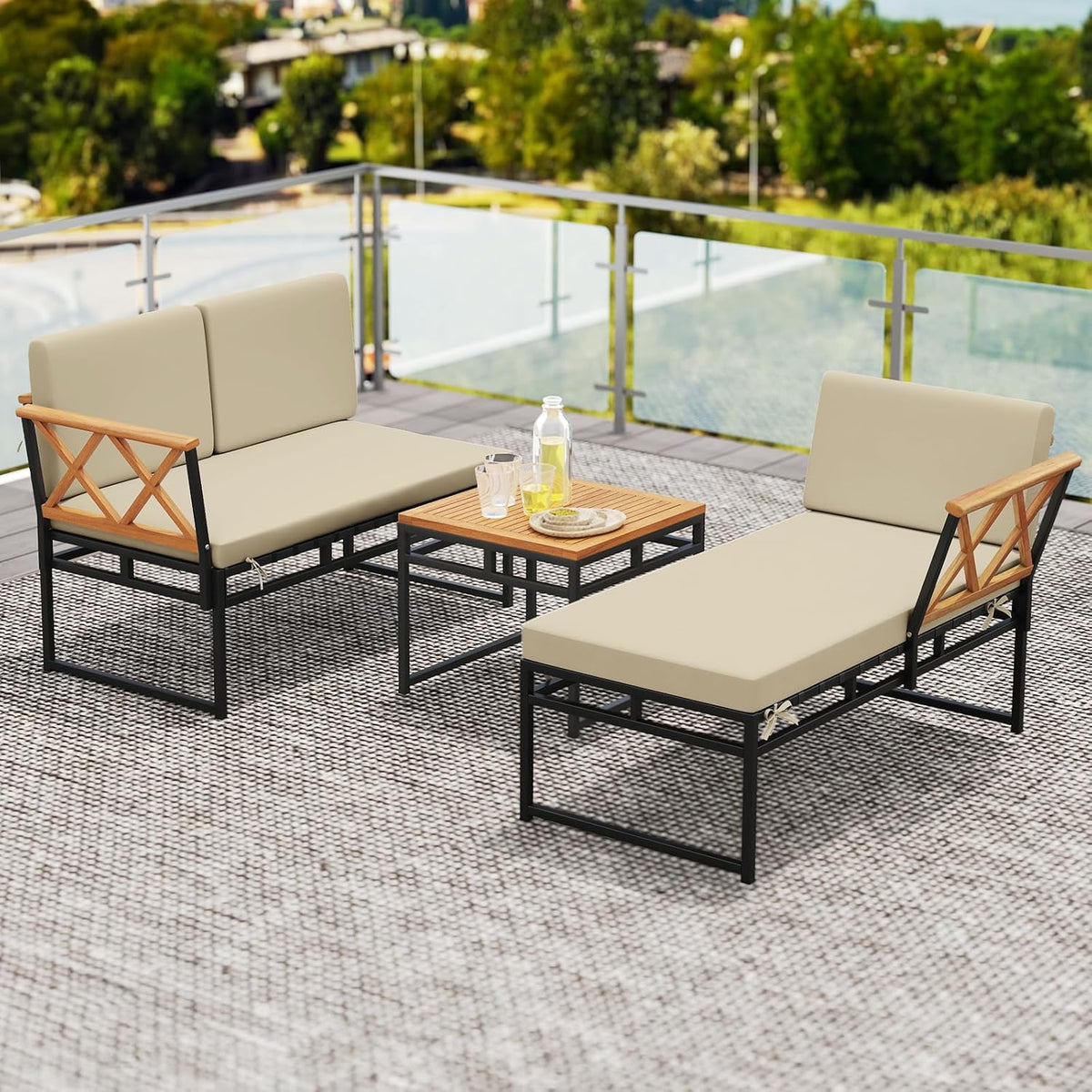 Tangkula 3 Pieces L-Shaped Outdoor Furniture Set, Acacia Wood Patio Sectional Cushioned Conversation Sofa with Square Coffee Table, for Porch, Backyard & Poolside (Beige)