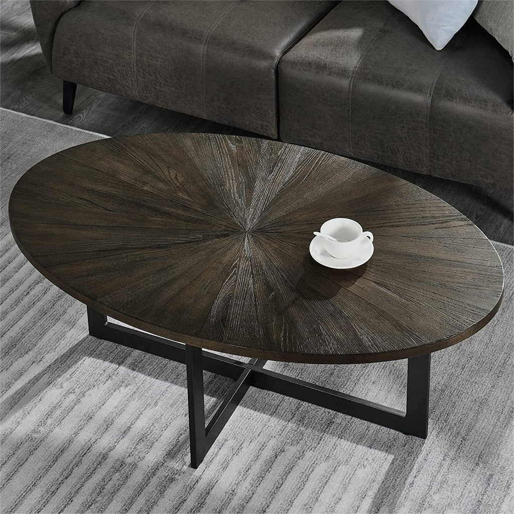LEEMTORIG Solid Wood Oval Coffee Table for Living Room, 47.9 inch Large Modern Industrial Center Table, Cocktail Table with Wood Tabletop and Metal Legs for Small Space, Rustic Black KFZ-1831-BK