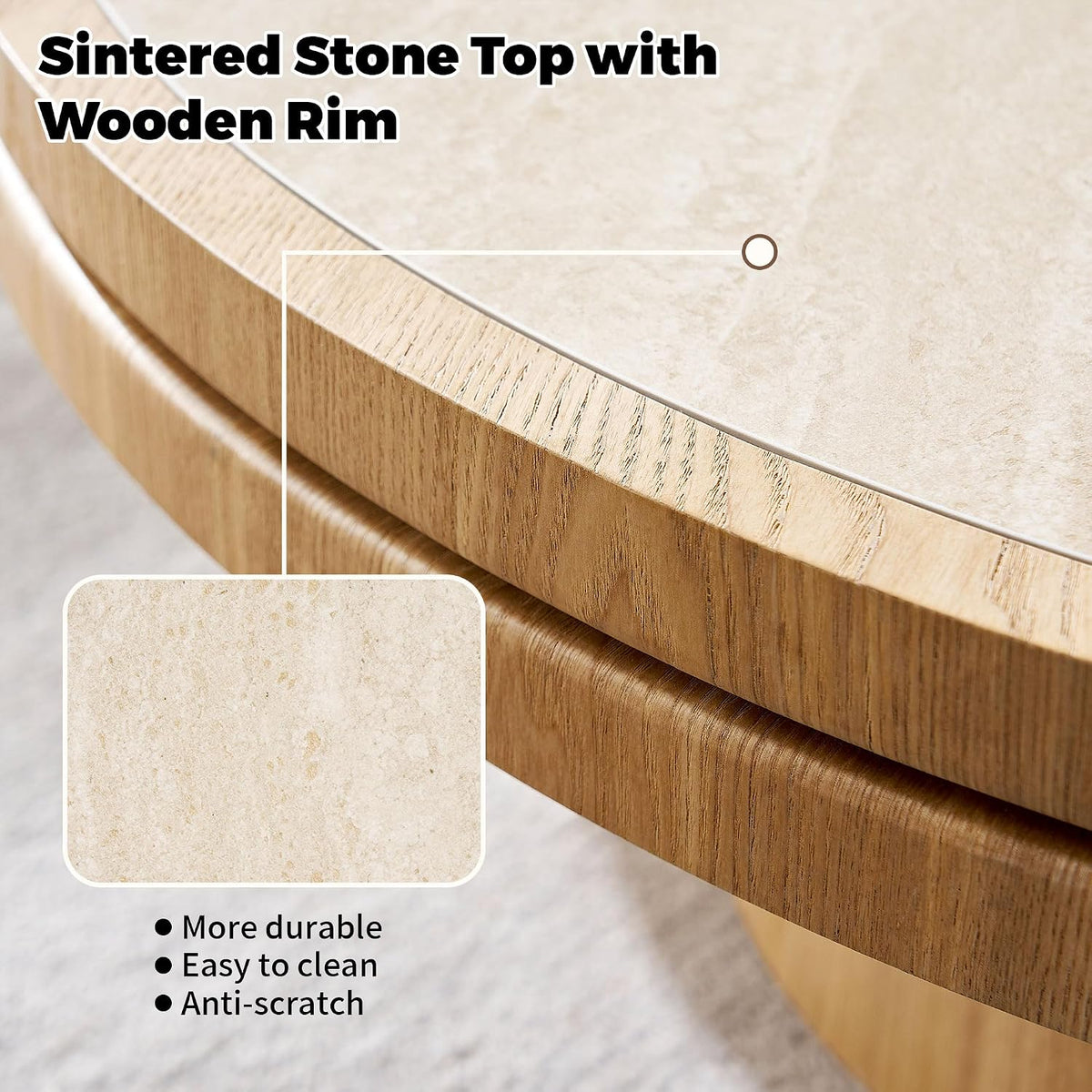 LKTART 35.43 Inch Round Coffee Table with Travertine Texture Sintered Stone Top, Mid-Century Modern Pedestal Center Table, Wood Coffee Tables for Living Room Bedroom Apartment, Easy Assembly, Natural