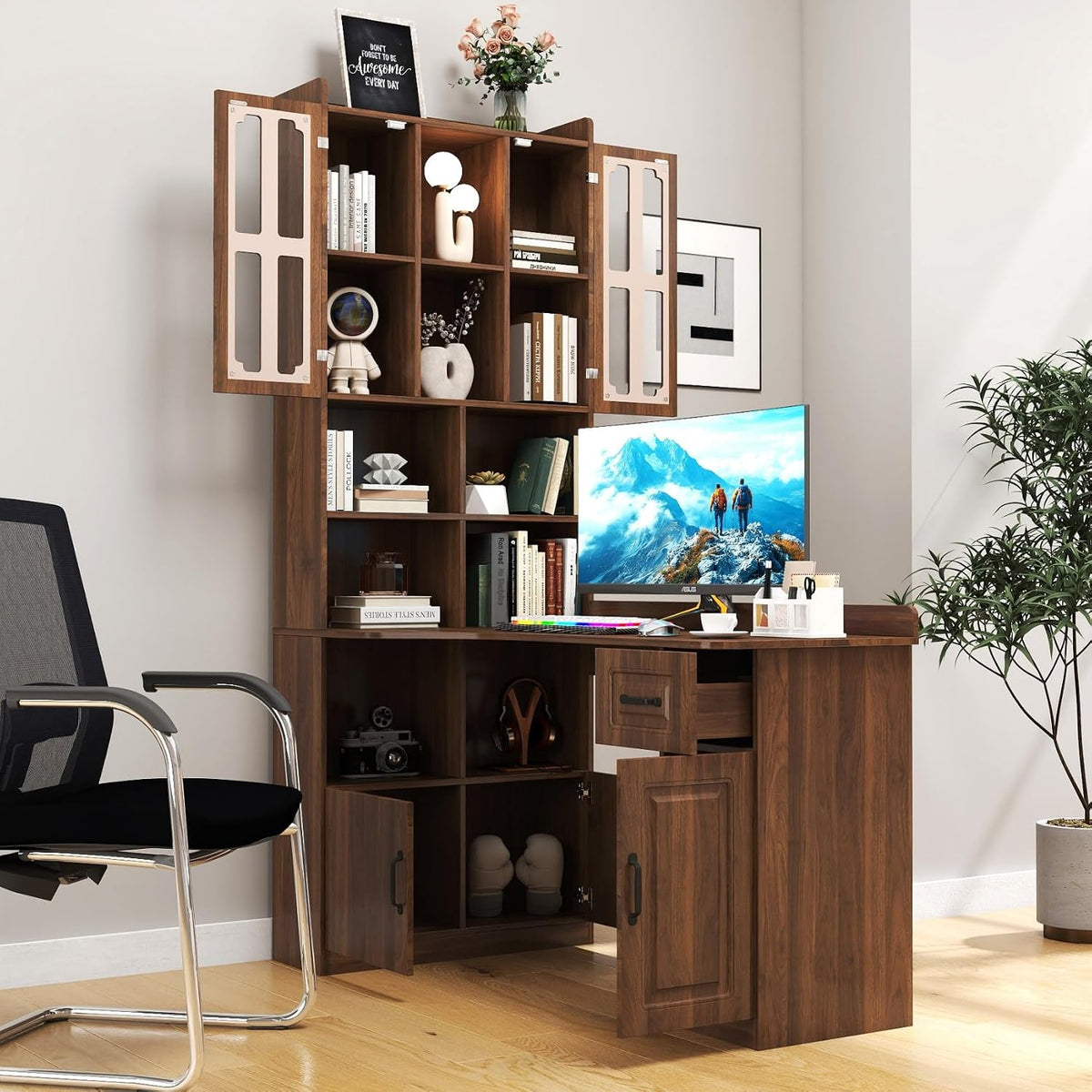 KEIKI Home Office Desks with Hutch, Drawers, Bookshelf, Storage Cabinet & Glass Doors, Modern Wooden Computer Corner Table for Work, Study, Writing