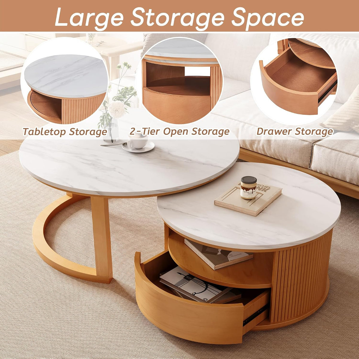 28.5' Natural Nesting Coffee Table Set of 2, Vintage Round Coffee Table for Living Room with 2-Tier Storage and 1 Drawer White Marble Top End Side Table for Bedroom