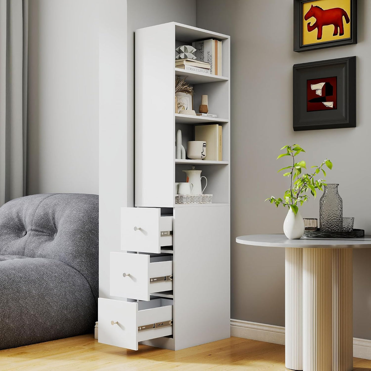70.87' H Display Storage Cabinet, Narrow Wooden Corner Cabinet with 4-Tier Shelves and 3 Side Drawers, Tall Bookshelf and Bookcase for Living Room Home Office, White