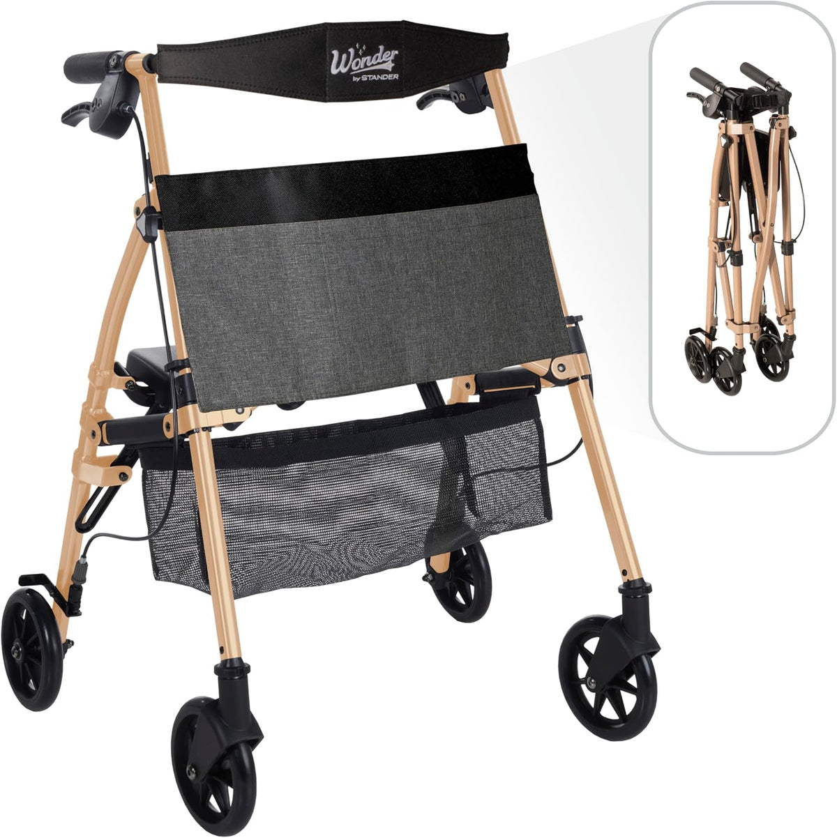 Stander Wonder Rollator Plus Short, Lightweight Junior Folding Mobility Aid for Petite Adults, Seniors, and Elderly, Collapsible Travel Rolling Walker with Four Wheels and Seat, Desert Sand
