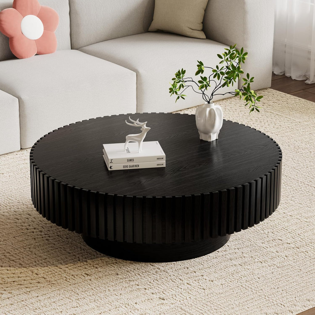 Round Drum Coffee Table 31.5'' Handcraft Fluted Coffee Table Modern Unique Circle Accent Center Table for Living Room with Sturdy Pedestal Gear Easy Assembly for Small Space,31' Round Black