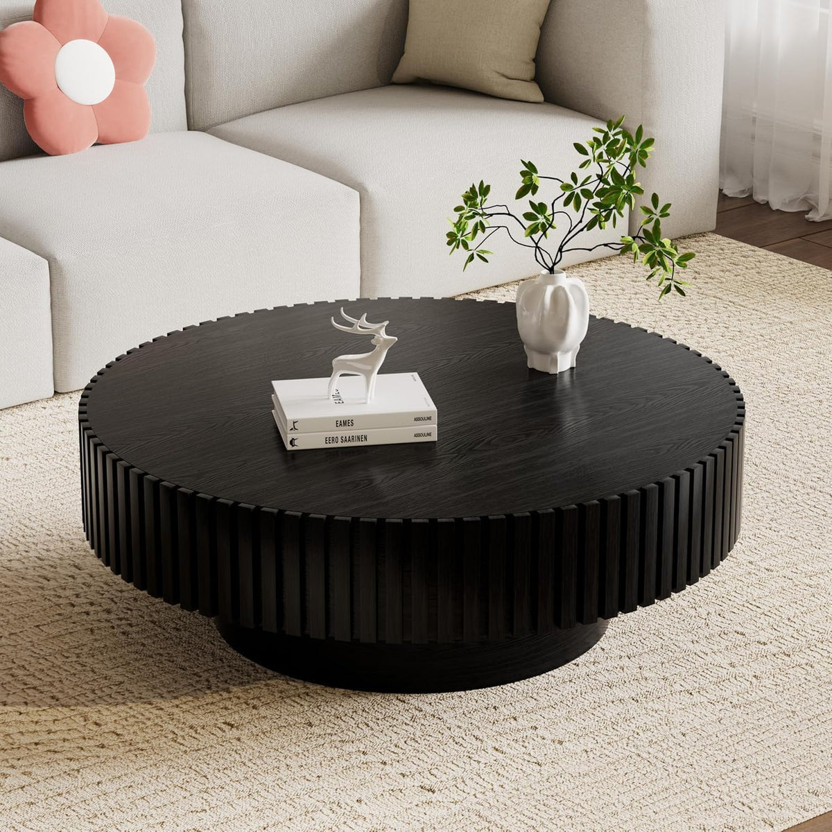 Round Drum Coffee Table 31.5'' Handcraft Fluted Coffee Table Modern Unique Circle Accent Center Table for Living Room with Sturdy Pedestal Gear Easy Assembly for Small Space,31' Round Black
