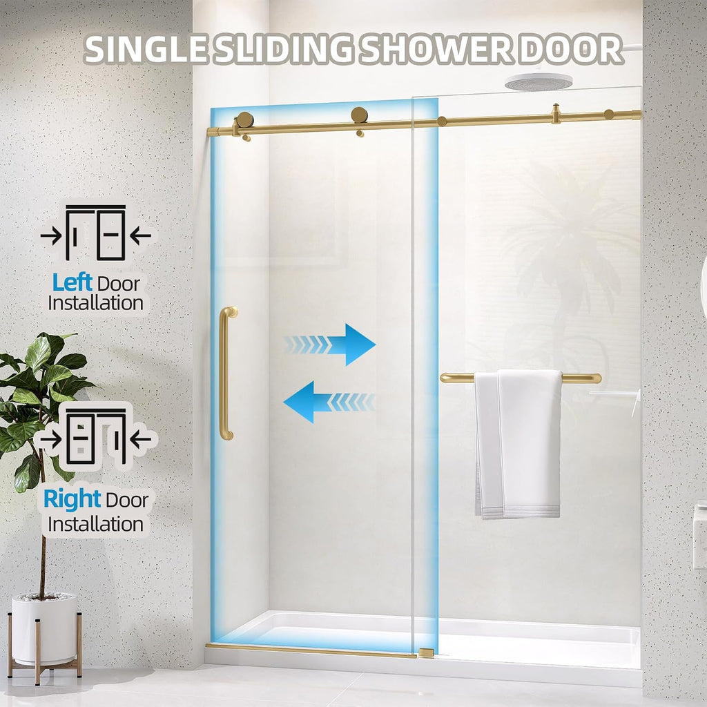 Frameless Shower Door 60' x 75' Single Sliding Shower Door for Walk-in Bathroom Trimmed up 56-60' Width Extra Tall Easy Install Clear Shower Glass Doors in Brushed Gold Stainless Steel Hardware