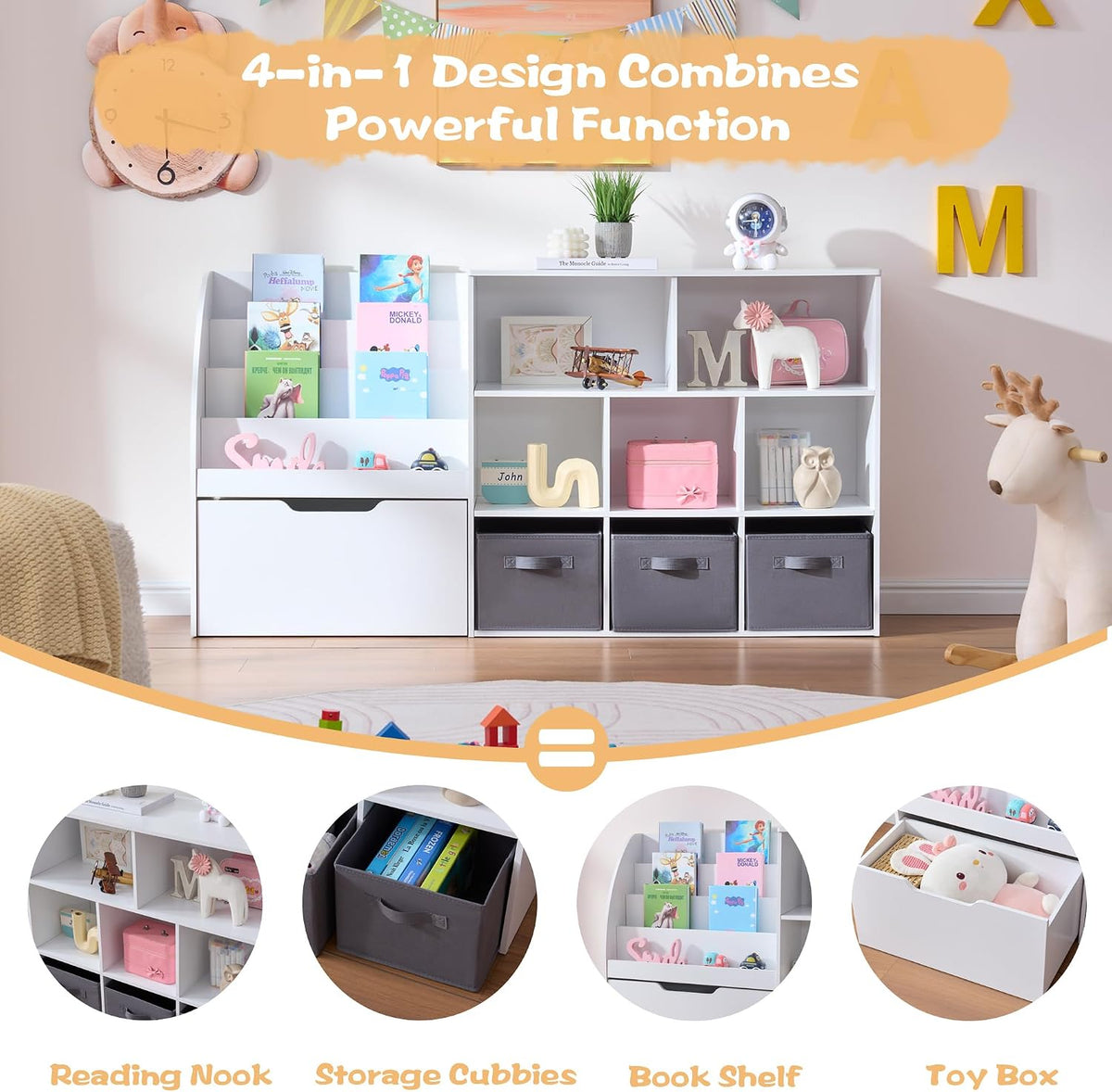 Kids Bookshelf and Toy Storage, 58.5'' Toy Storage Organizer with Movable Chests & 3 Storage Bins, Large Kids Reading Nook Toy Organizers and Storage with 5 Cubbies for Playroom, Bedroom, White