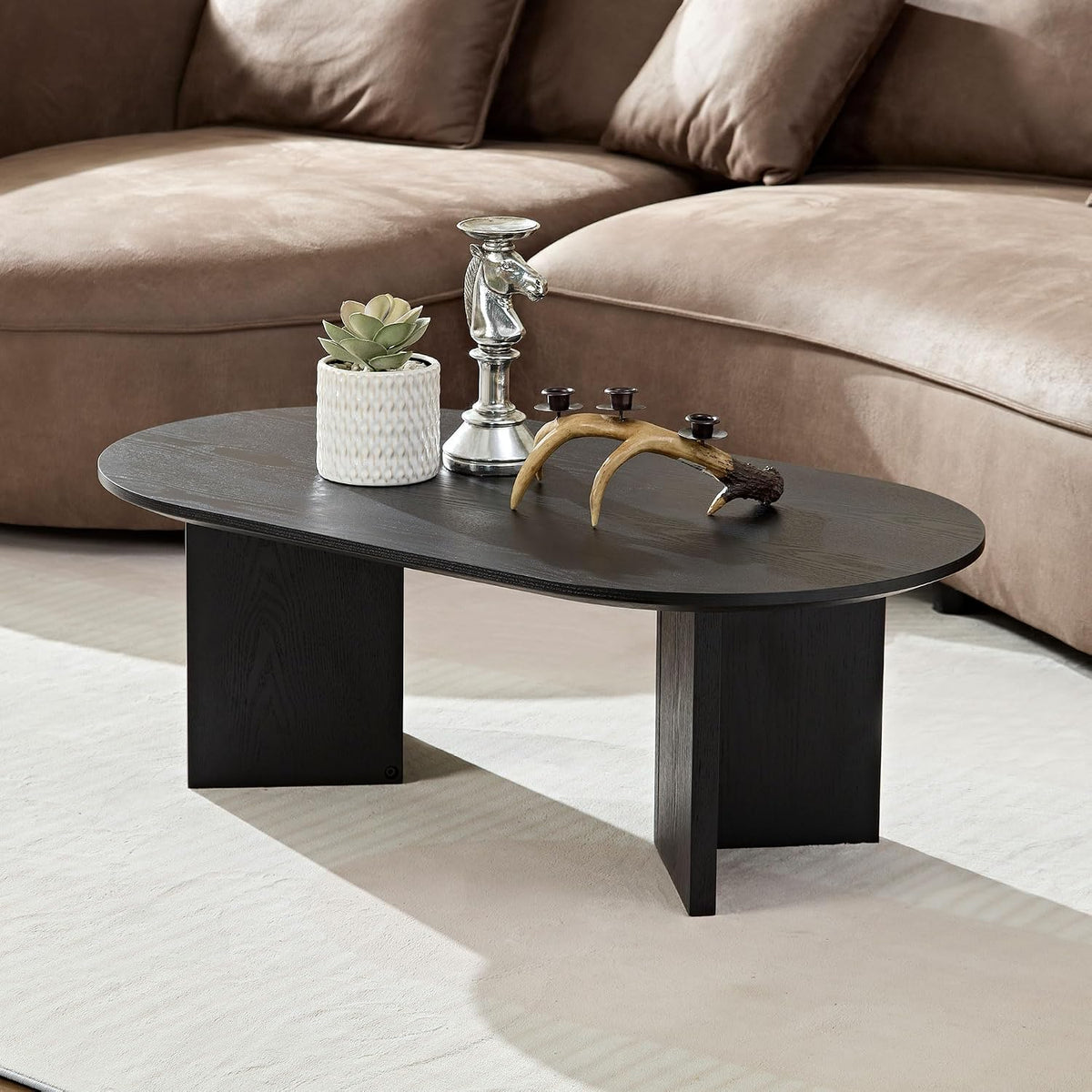 JUSTONE 39.37'' Oval Coffee Table, Farmhouse Wood Coffee Table for Living Room, Contemporary Minimalist Handcraft Coffee Table with Strong Legs, Easy Assembly (Black)