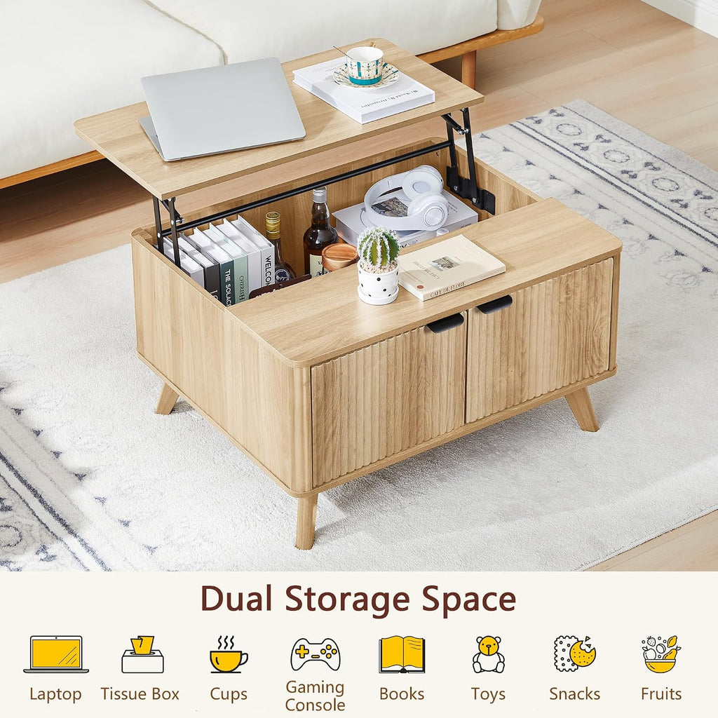 Fluted Lift Top Coffee Table with Large Hidden Compartment, 31.5' Wooden Center Table with Storage, Mid Century Modern Lift Tabletop Coffee Tables for Living Room Home Office, Natural
