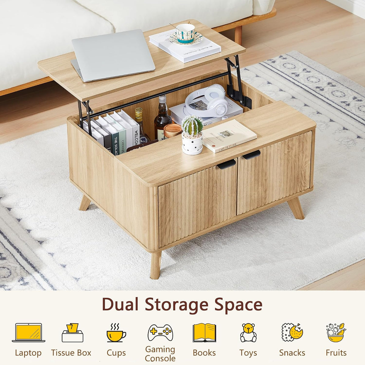 Fluted Lift Top Coffee Table with Large Hidden Compartment, 31.5' Wooden Center Table with Storage, Mid Century Modern Lift Tabletop Coffee Tables for Living Room Home Office, Natural
