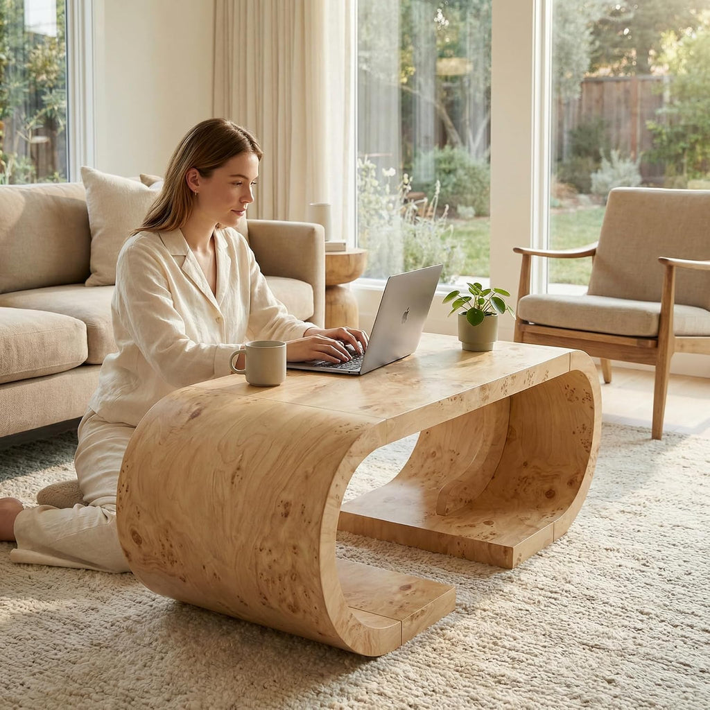 SSLine Mid-Century 47.24' Curved Coffee Table with Pedestal Base Burl Wood Veneer Natural Grain Top Center Table C-Shaped Center Tables for Living Room Bedroom