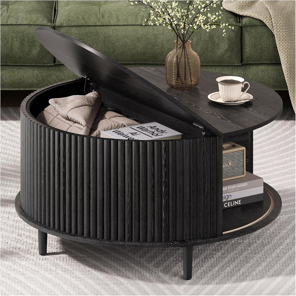 JOINICE Round Coffee Table with Storage, 31.5' Black Wood Drum Table, Fluted Circle Center Table for Living Room, Modern Mid Century Furniture with Sliding Door