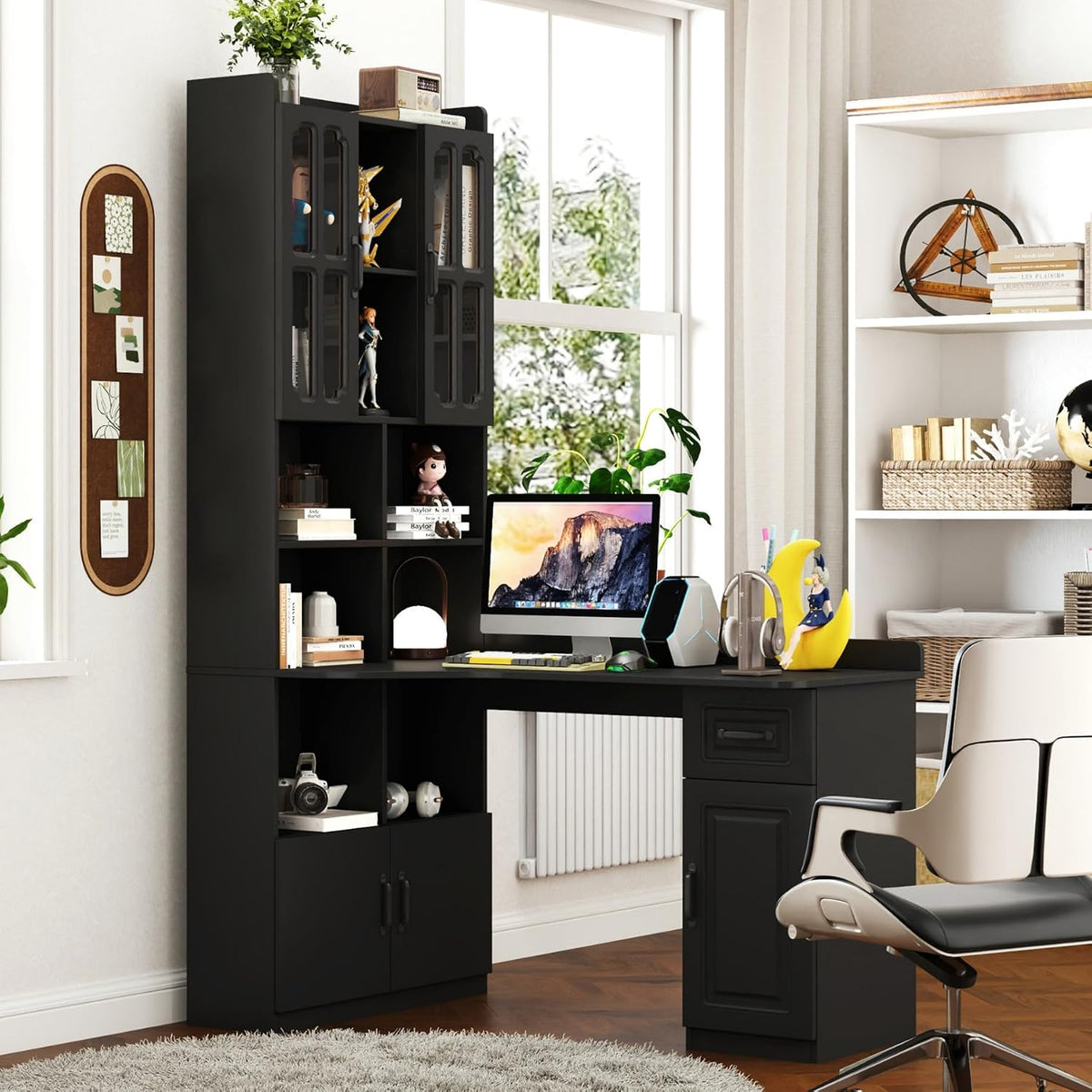 KEIKI Home Office Desks with Hutch, Drawers, Bookshelf, Storage Cabinet & Glass Doors, Modern Wooden Computer Corner Table for Work, Study, Writing