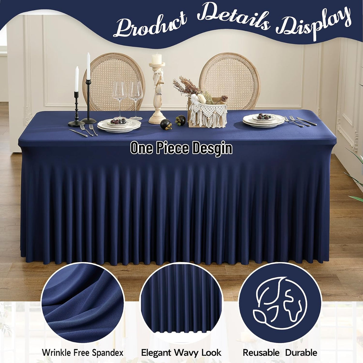 leegleri 6 Pack Navy Blue Spandex Tablecloths for 8 Foot Rectangle Tables, Wrinkle Free Fitted Table Cloths 8ft Stretchy Table Cloth Cover with Skirt for Parties Weddings Birthday Banquet Baby Shower