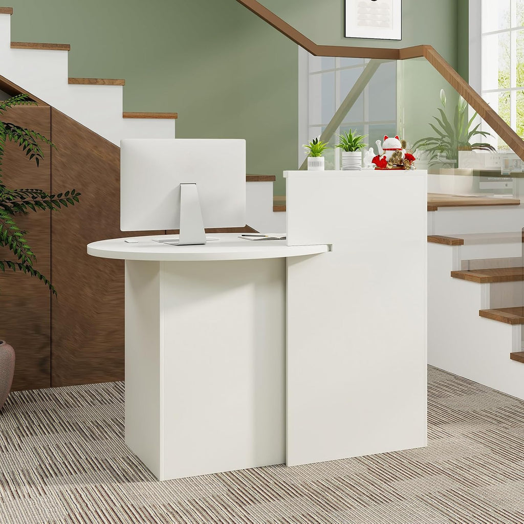 Reception Desk, Small Retail Checkout Counter with Lockable Drawer and Open Shelves, Wooden Front Desk Reception Counter, Oval Desktop & L Counter for Store Office Lobby Salon (White)
