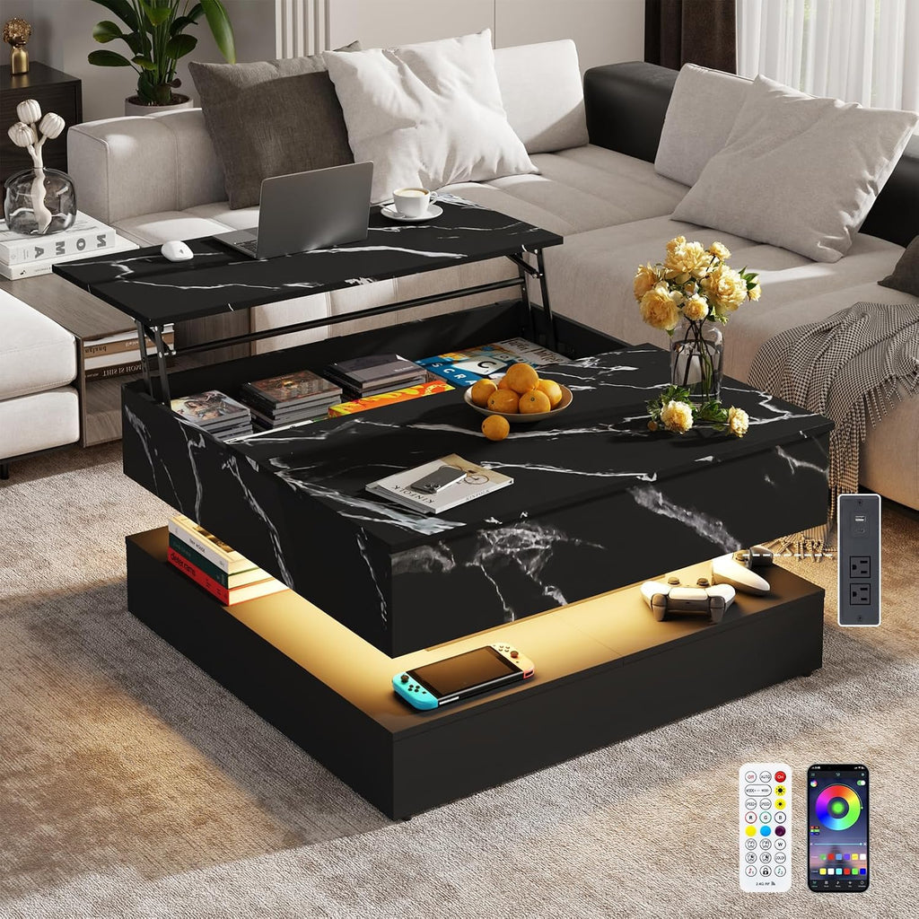 35.4' Large Square Coffee Table with Lifting top,Charging Station,Modern 2-Tier Square Center Table w/Hidden Compartment Storage,Tea Table with Wood Grain for Living Room, Office,Black Marble
