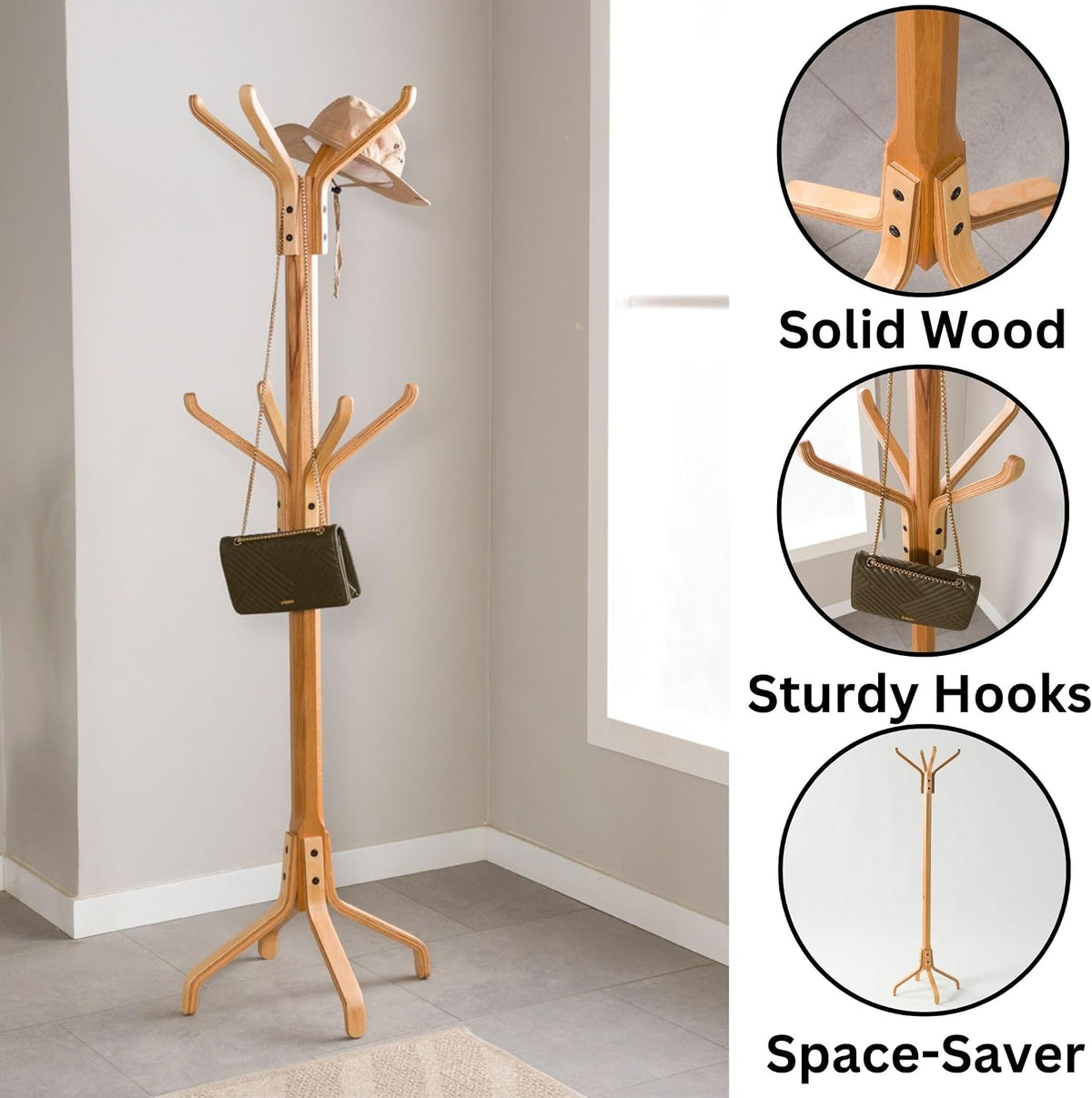 Solid Wood Coat Rack Freestanding, Coat Stands Entryway, Coat Rack Hat Hanger Hook for Jacket, Purse, Scarf Rack, Mid Century Umbrella Tree Stand (8-hook, Natural)