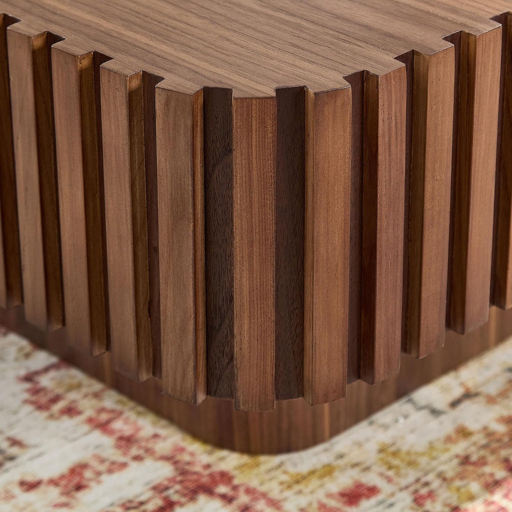 JUSTONE 31.5 Inch Square Coffee Table, 2-Piece Set Modern Walnut Wood Drum End Table for Living Room, Luxury Fluted Design & Sturdy Base, Minimalist Accent Center Table
