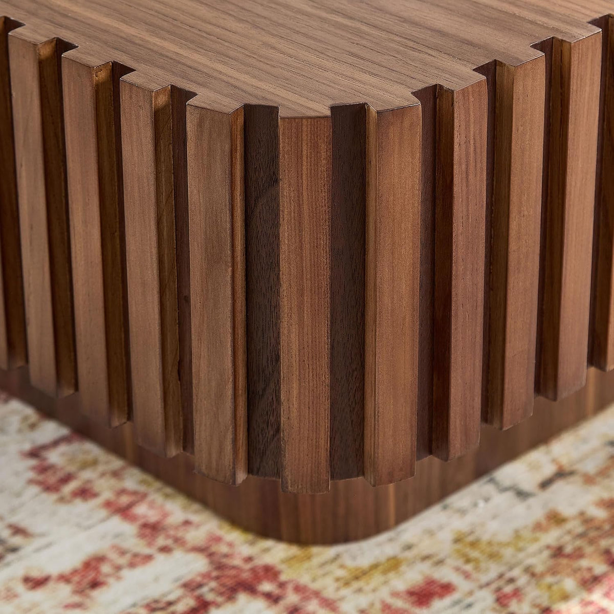 JUSTONE 31.5 Inch Square Coffee Table, 2-Piece Set Modern Walnut Wood Drum End Table for Living Room, Luxury Fluted Design & Sturdy Base, Minimalist Accent Center Table