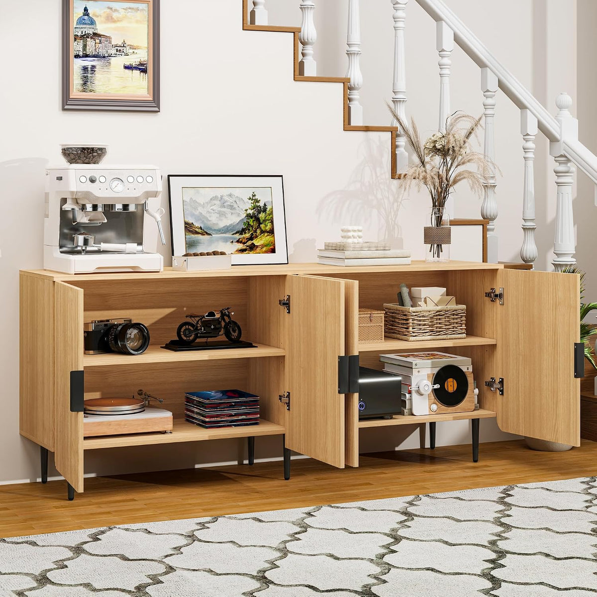 65' Fluted Sideboard Buffet Cabinet with Storage, Console Cabinet with 4 Doors & Adjustable Shelves, Modern Buffet Table for Kitchen Dining Living Room Hallway‌ Entryway, Natural