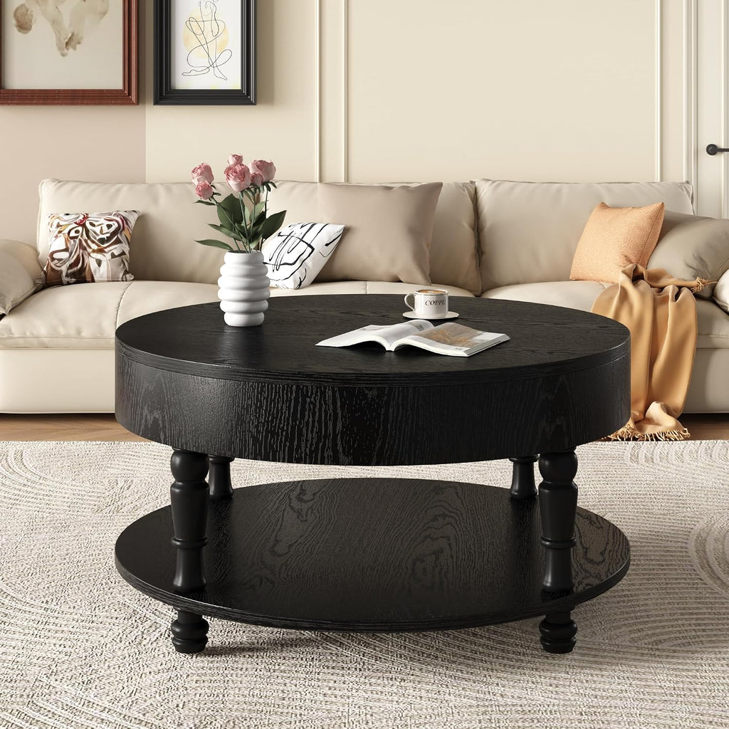 Round Coffee Table for Living Room 31.5' W Small Coffee Tables with Storage Open Shelf 2-Tier Modern Design Industrial Circle Wood Center Home Furniture Apartment Black