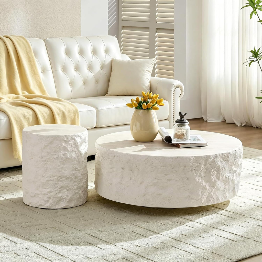 KEVINSPACE Round Coffee Table Set of 2, RoundFiberglass CoffeeTable for Living Room, Side Table for Bedroom Modern Drum CenterTable Circle Stone SideTables for Apartment, No Need Assembly