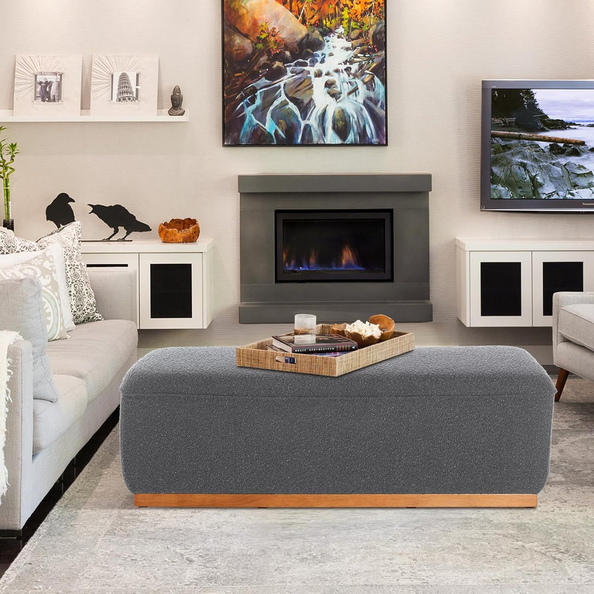 Rectangular Ottoman Coffee Table 30' Premium Fabric upholstered Coffee Table with high Density Foam and Solid Wood Frame, Stylish and Practical Living Room Furniture, Grey