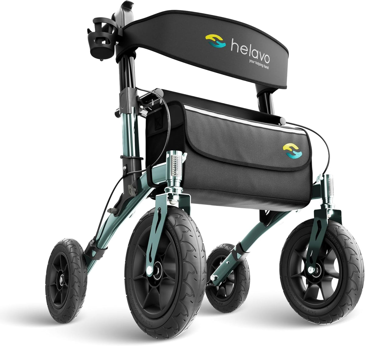 Helavo All Terrain Walker Rollator with 12' Pneumatic Tires – Foldable Outdoor Walkers for Seniors with Seat, Lightweight & Adjustable Height, Shock-Absorbing for Comfort on Any Surface