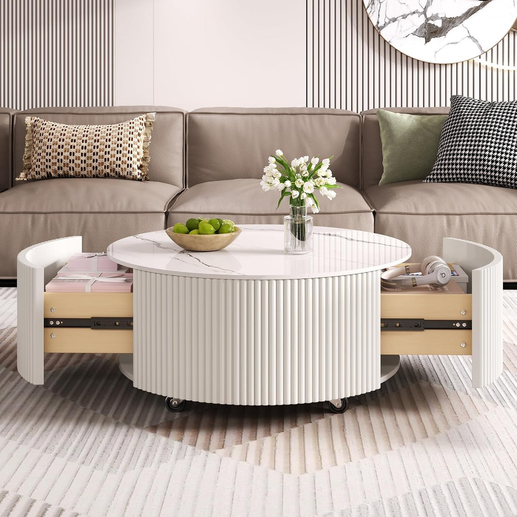 29.5'' Round Marble Coffee Table for Living Room Storage Coffee Table with 2 Drawers Modern Circle Center Tables Sintered Stone Accent Tea Tables for Apartment White