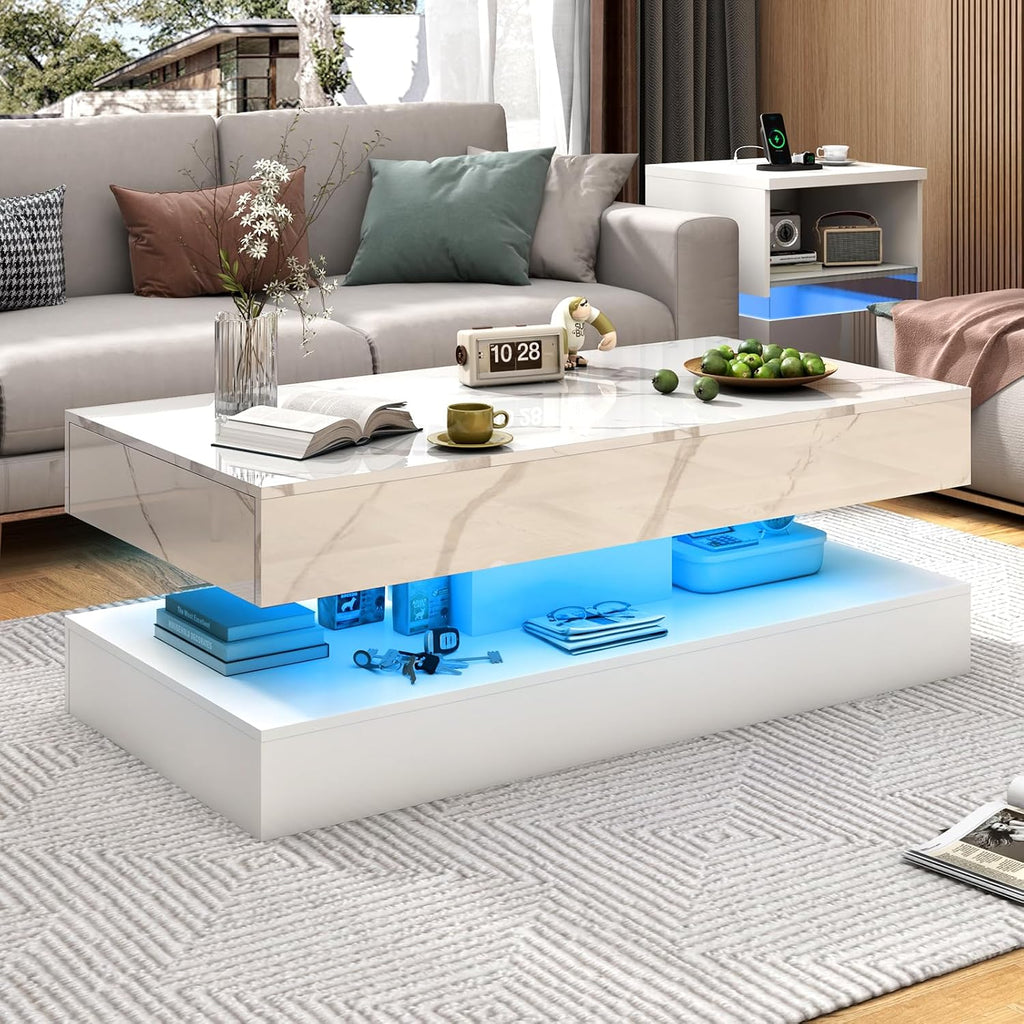 chartustriable 47.2' Large High-Glossy LED Coffee Table with 2 Sliding Drawers, Living Room Storage Coffee Tables with Marbling Print, Modern Stylish Double-Layer Center Tables w/LED Lights, White