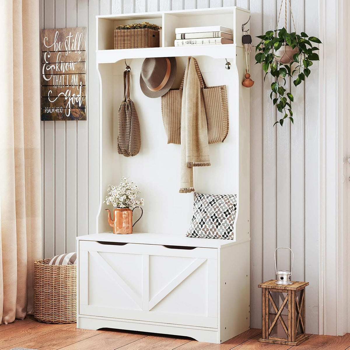 HOOBRO Hall Tree with Bench and Shoe Storage, Entryway Bench with Coat Rack and Shoe Cabinet, Flip-Down Cabinet Door, Coat Rack with Shoe Rack, for Mud Room, White WT84MT01