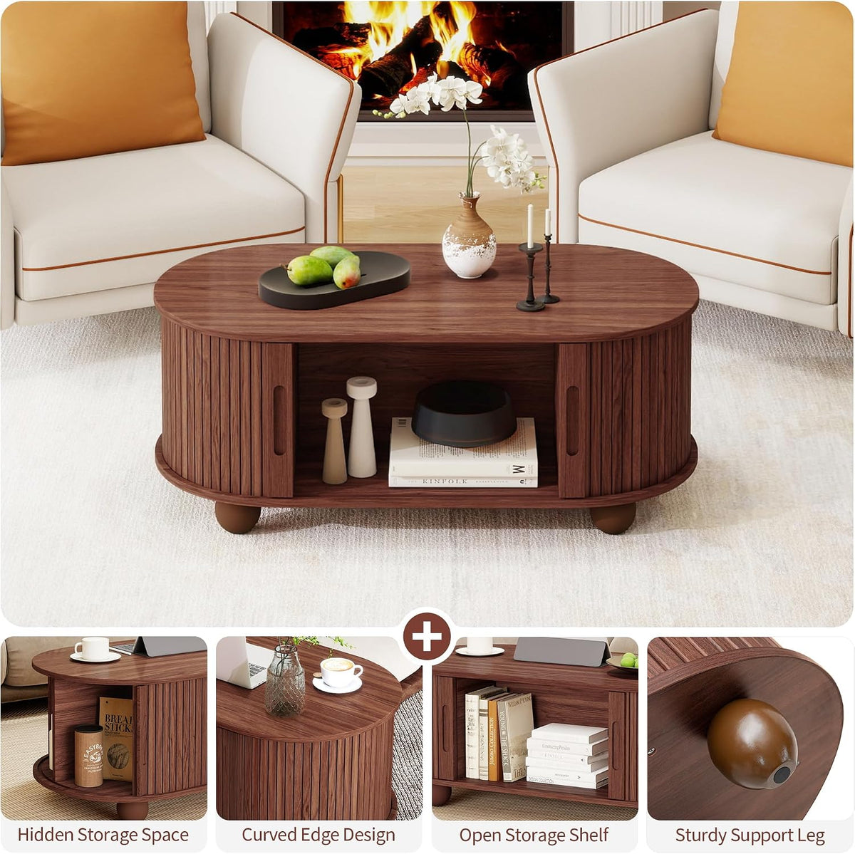 40' Walnut Oval Coffee Table with Storage, Mid Century Modern Coffee Table with Sliding Tambour Door,Wood Center Table for Living Room, Reception Room, Entertainment Room, Courtyard