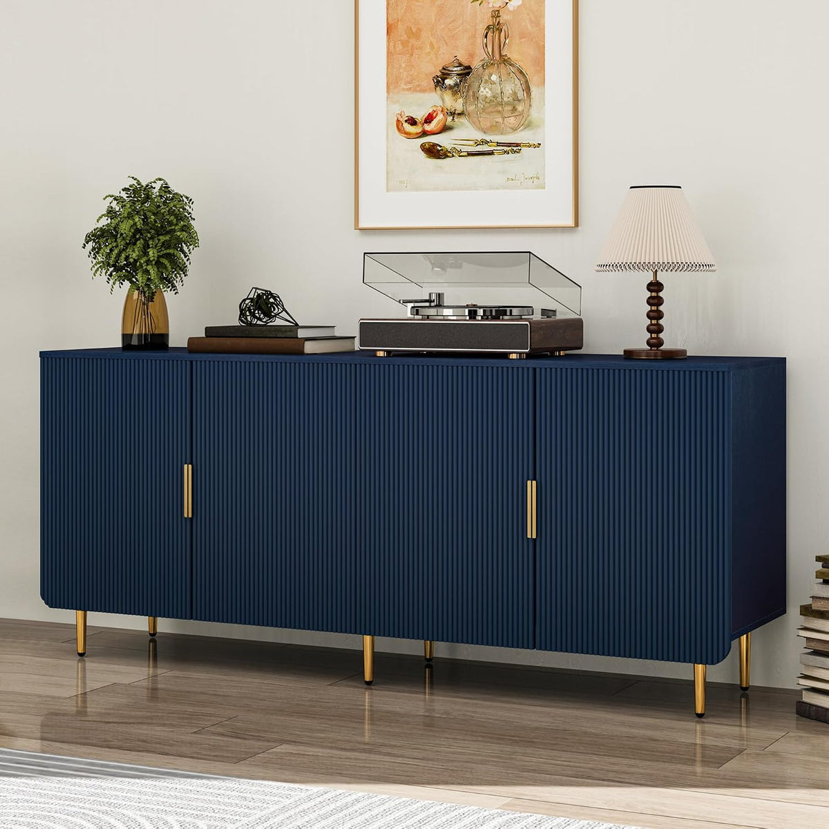 65' Fluted Sideboard Buffet Cabinet with Storage, Console Cabinet with 4 Doors & Adjustable Shelves, Modern Buffet Table for Kitchen Dining Living Room Hallway‌ Entryway, Blue