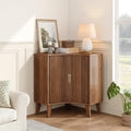 Fluted Corner Cabinet, Small Corner Floor Cabinet with 2-Sliding Doors and Adjustable Shelves, Freestanding Narrow Organizer for Small Space,Living Room, Dining RoomBathroom.Walnut