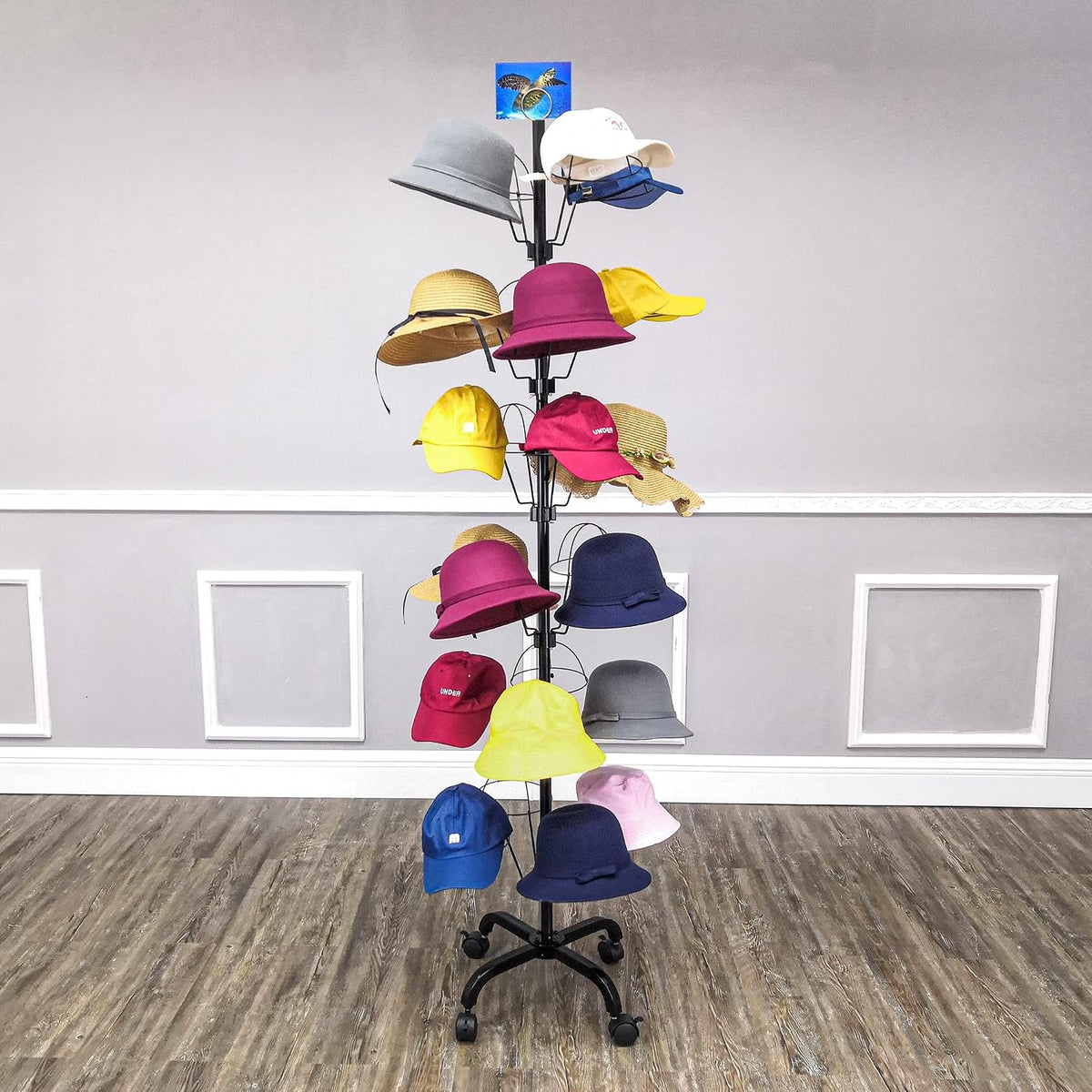 FixtureDisplays® 6-Tier 24 Hat Rotating Hat Display Rack Free Standing Headwear Wig Rack Metal Floor Rack for Caps, Wigs & Hats 20X20X74' 18164-24HAT-NPF