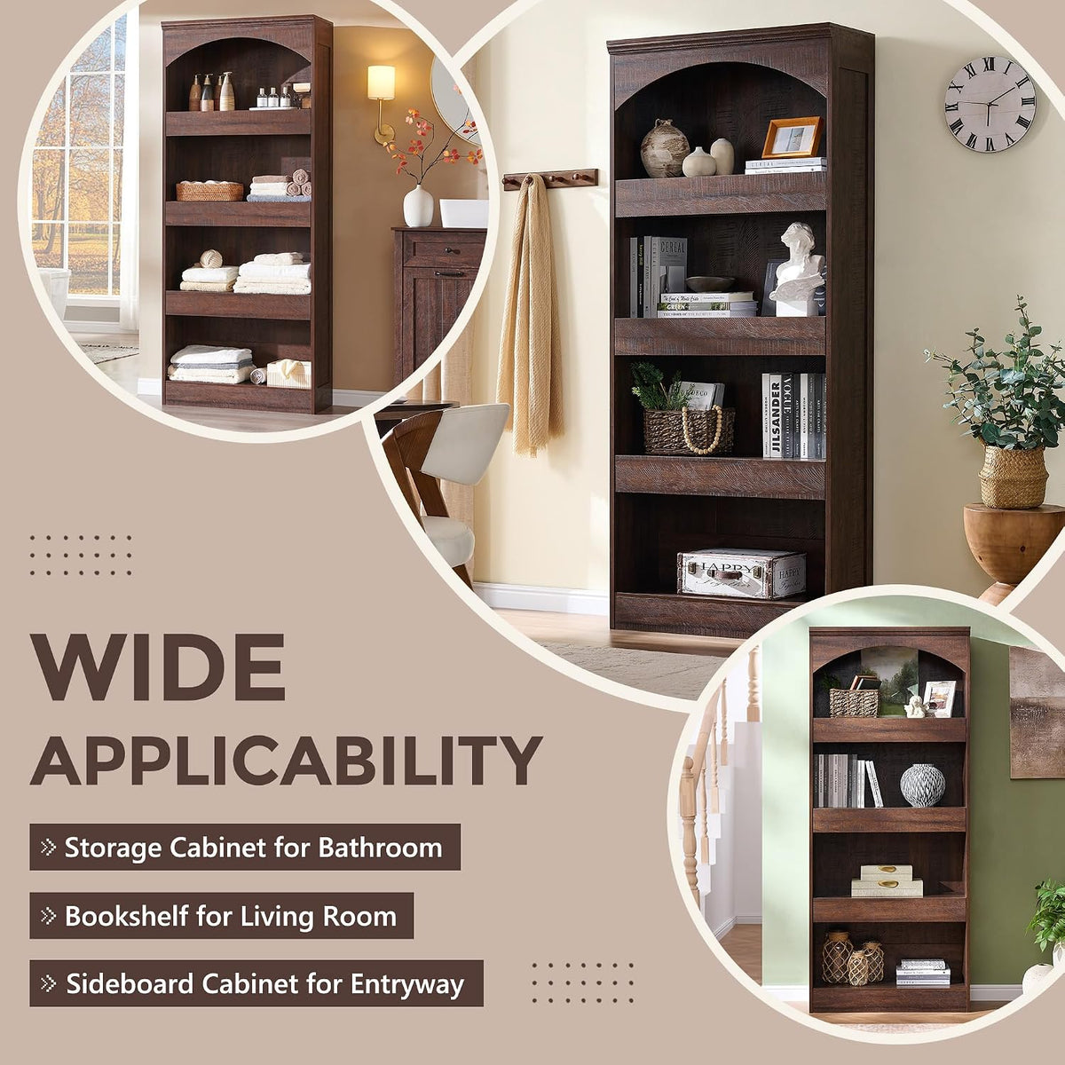 IFGET 76' Tall Arched Bookcase with 1PC Magnetic Lock Drawer, Modern Wooden Arch Bookshelf w/3 Pull-Out Drawers, Farmhouse 4 Tiers Book Shelf w/Open Shelves for Living Room, Office (Brown)