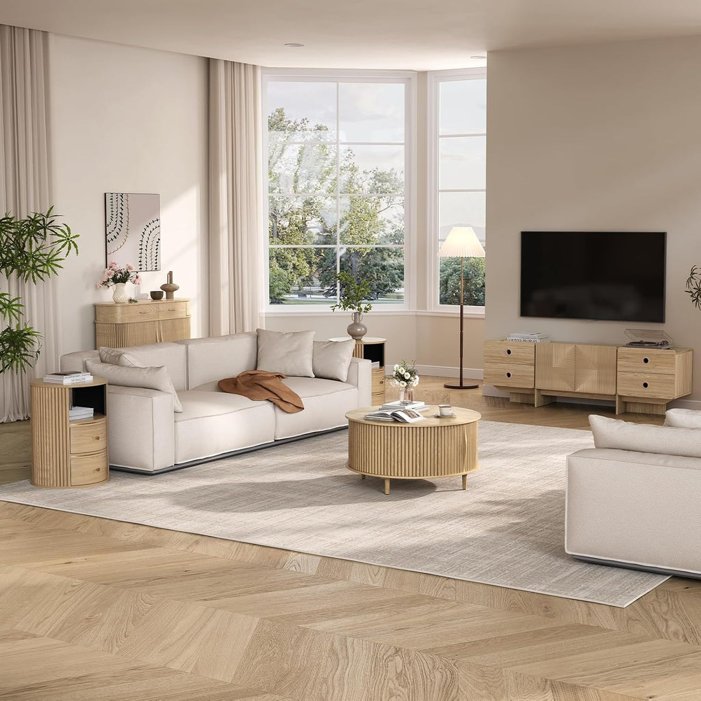 Jiansu furni Round Coffee Table with Storage, 31.5' Natural Oak Drum Table for Small Space, Fluted Wood Center Table with Hidden Compartment, Modern Farmhouse Furniture for Living Room Organization
