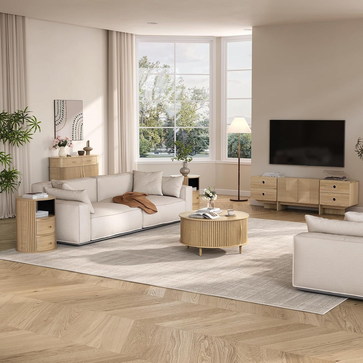 Jiansu furni Round Coffee Table with Storage, 31.5' Natural Oak Drum Table for Small Space, Fluted Wood Center Table with Hidden Compartment, Modern Farmhouse Furniture for Living Room Organization
