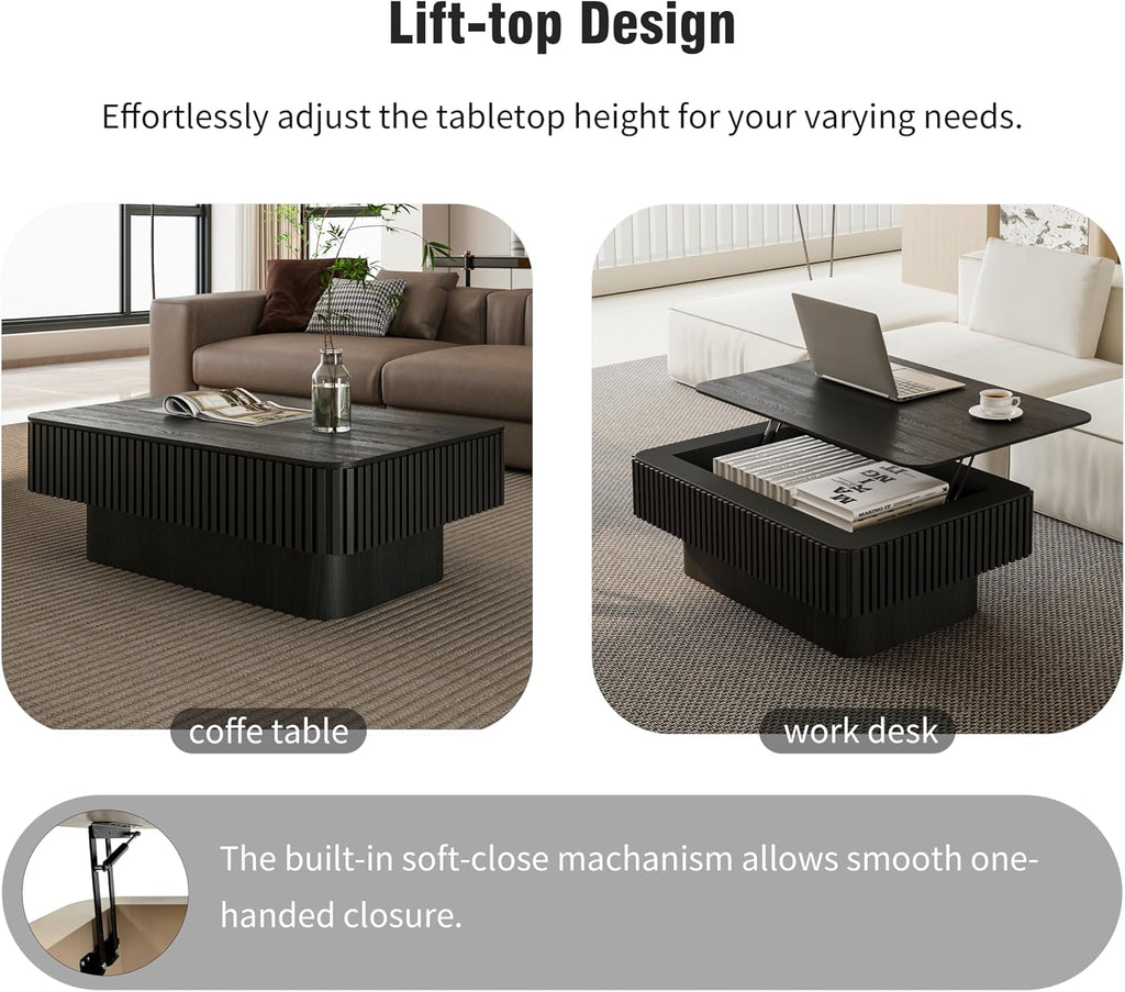 Lift Top Coffee Table with Storage, 38.6' Farmhouse Coffee Table with Lift Top, Modern Drum Wooden Fluted Coffee Center Tea Tables with Hidden Storage Compartment for Living Room Apartment,Black
